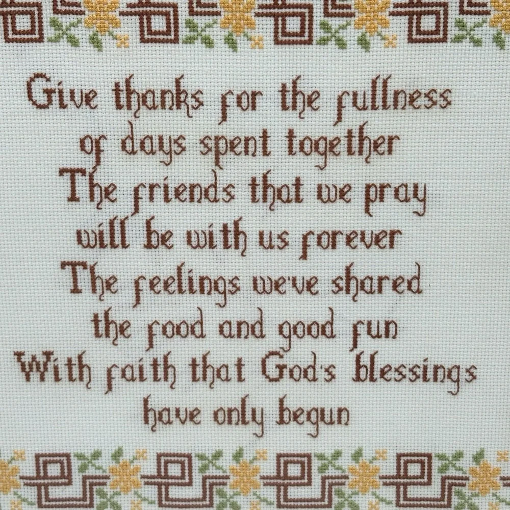 Vintage Framed Cross Stitch Give Thanks Sampler Folk Art Needlepoint Decor 13x15
